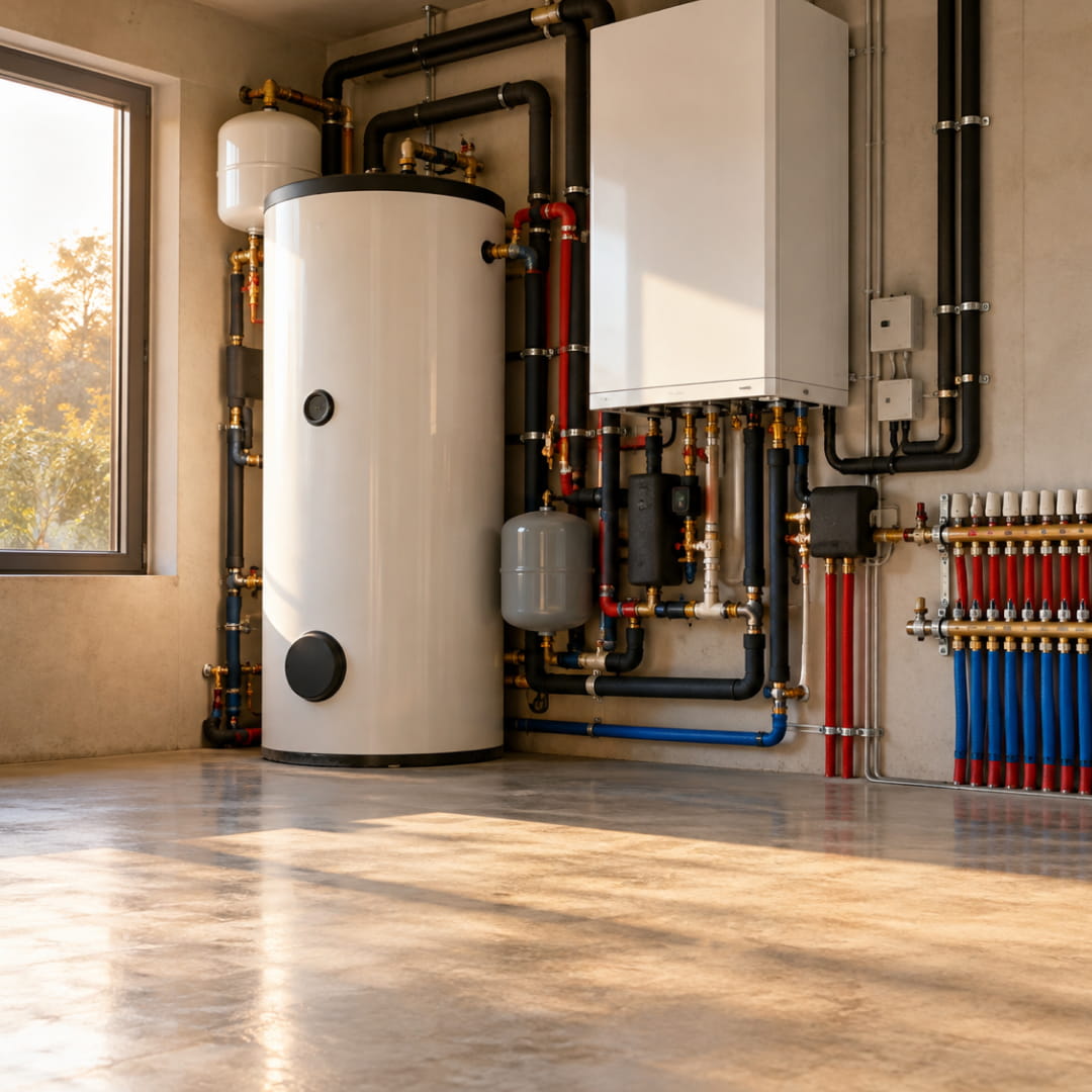 Locale tecnico con pompa di calore, bollitore e collettore per riscaldare, raffrescare e produrre acqua calda
