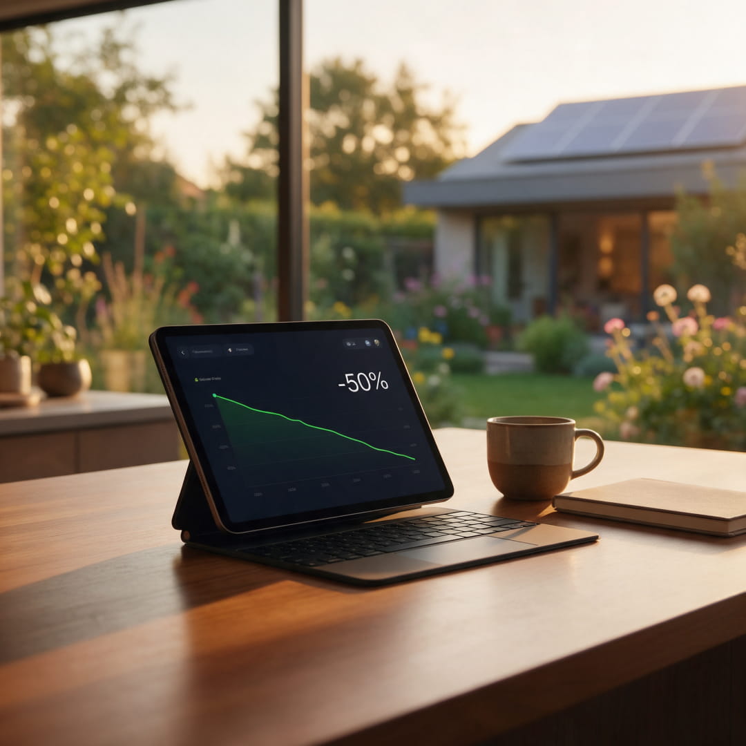 Tablet su un tavolo in legno con grafico dei consumi in calo e valore -50%