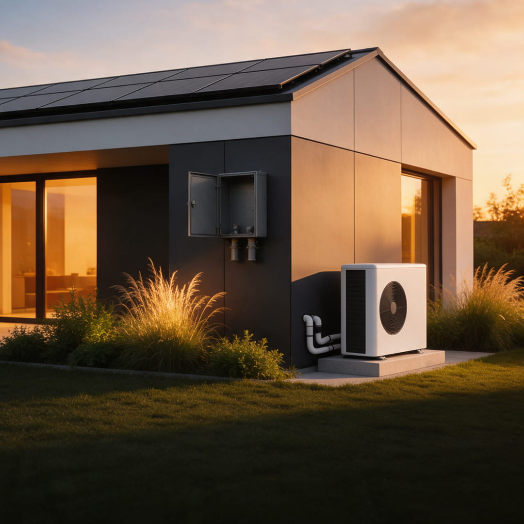 Casa moderna con pompa di calore esterna e tablet: zero combustibili e solo energia solare